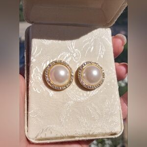 Marvella Vintage Gold and Faux Pearl Earrings with Rhinestone Halo